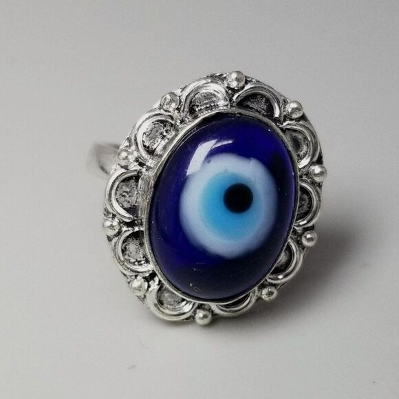 Vintage Blue Glass Evil Eye Ring, Silver Tone Bezel Set Size 8 Band, Estate - Picture 1 of 9